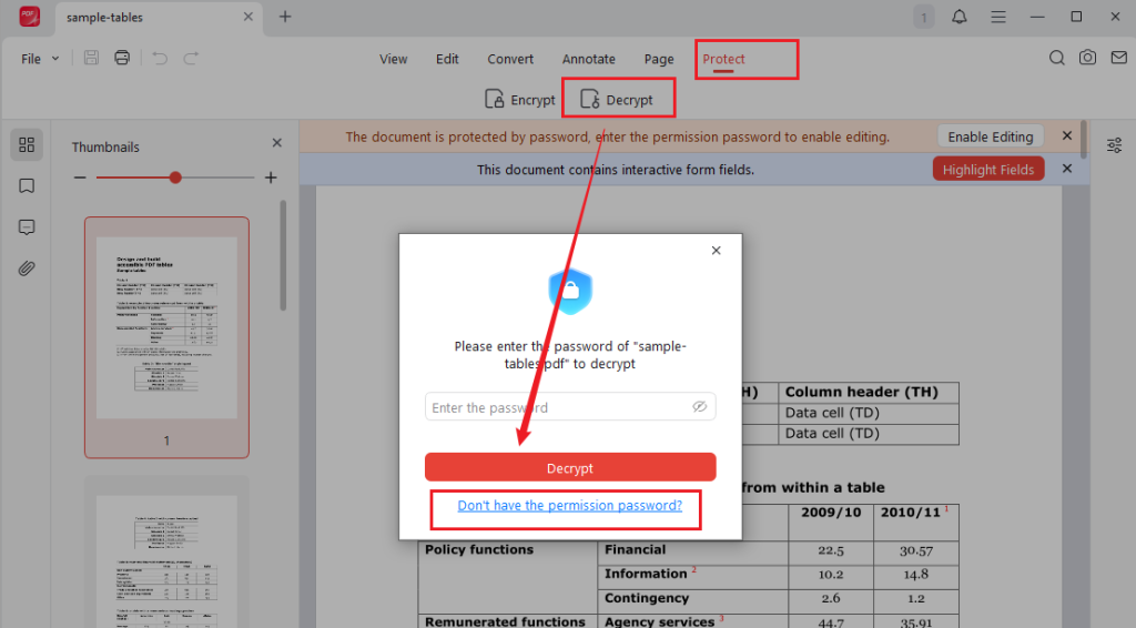 Go to Protect and click Decrypt to remove the editing restriction in JOPDF