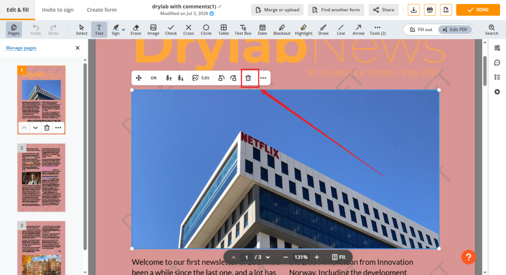 Click the unwanted image and click the Delete icon to remove it in pdfFiller