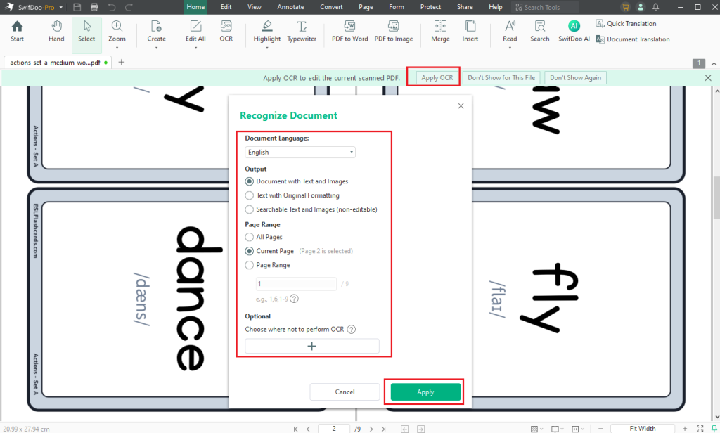 Click Apply OCR to make the scanned PDF editable in SwifDoo PDF