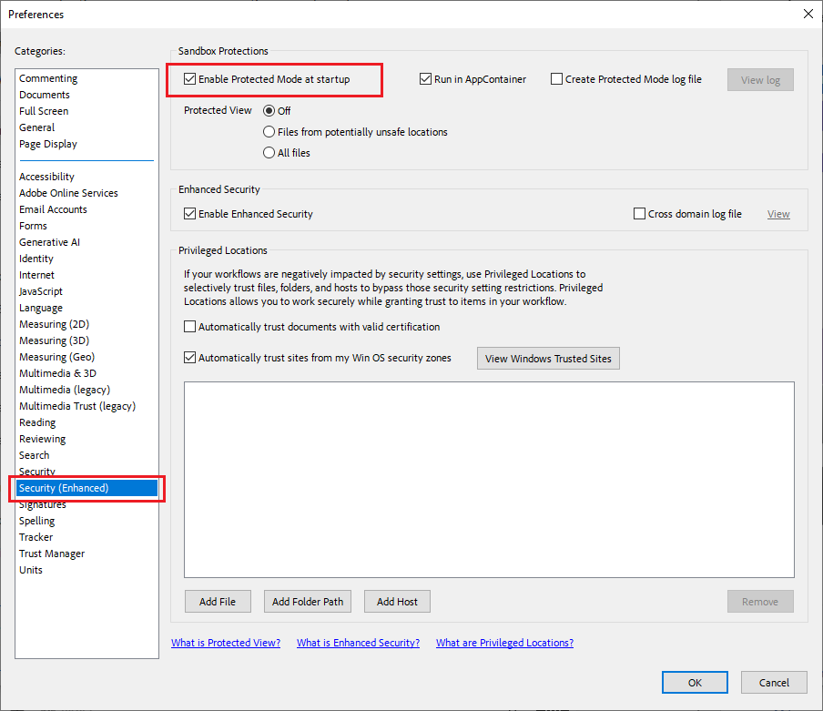 Uncheck the Enable Protected Mode at startup option in the Preferences of Adobe Acrobat