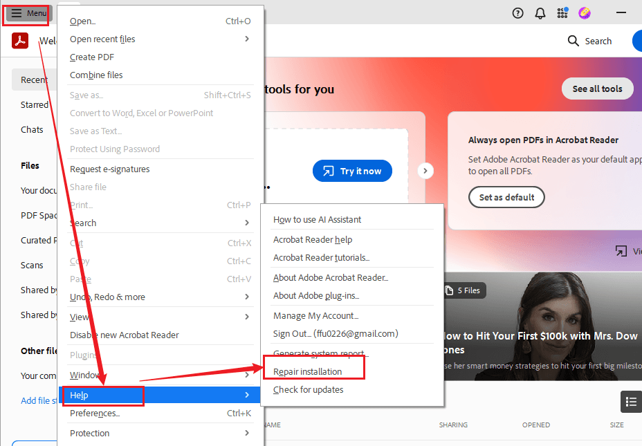 Go to Menu and select Repair installation from the Help list in Adobe Acrobat