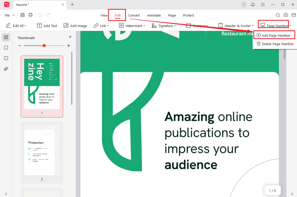 Click Page Number and select Add Page Number in JOPDF