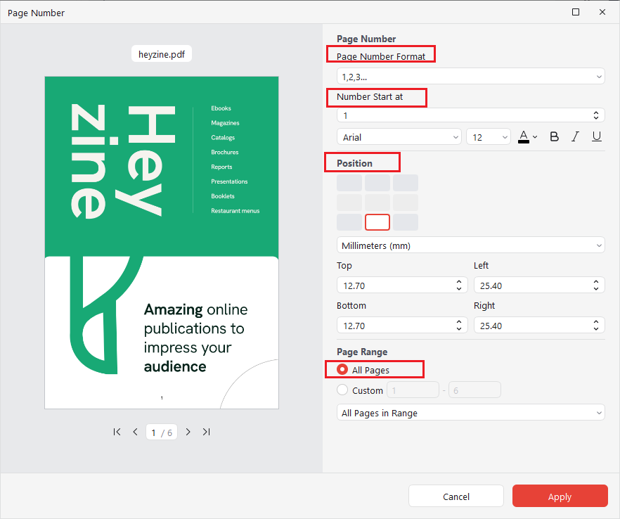 Customize the page number settings in JOPDF