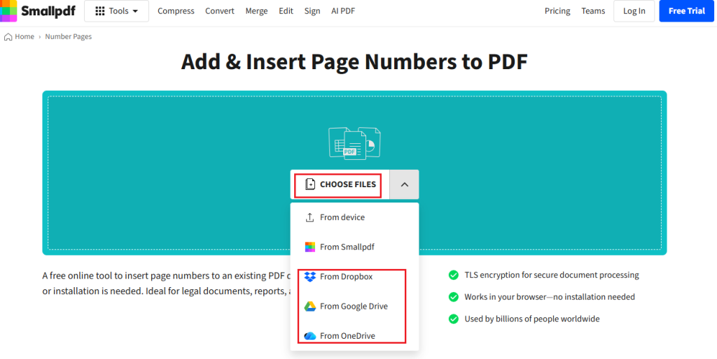 Click CHOOSE FILES to upload the target PDF file into Smallpdf