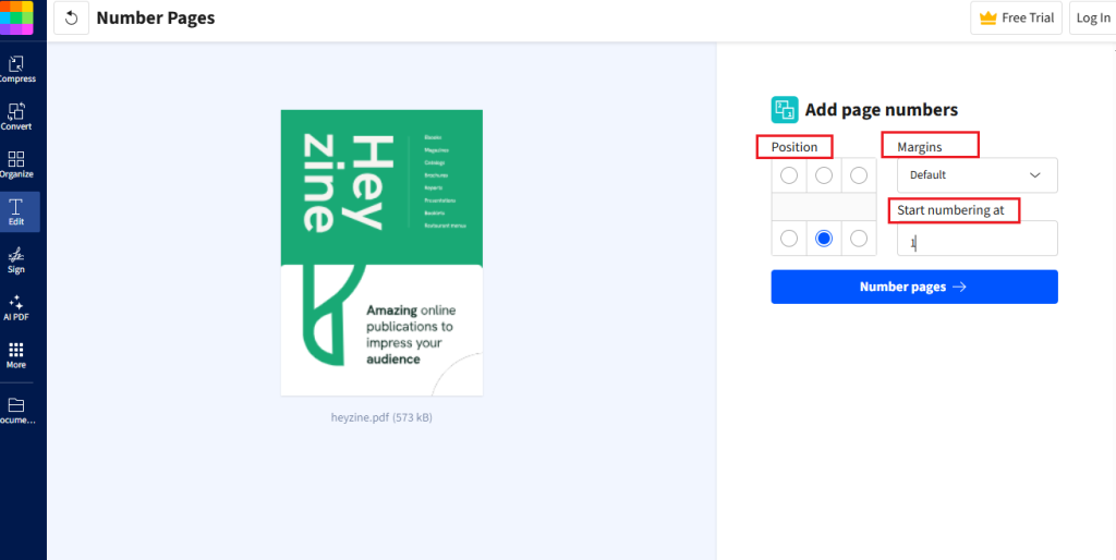 Add page numbers to a PDF in Smallpdf
