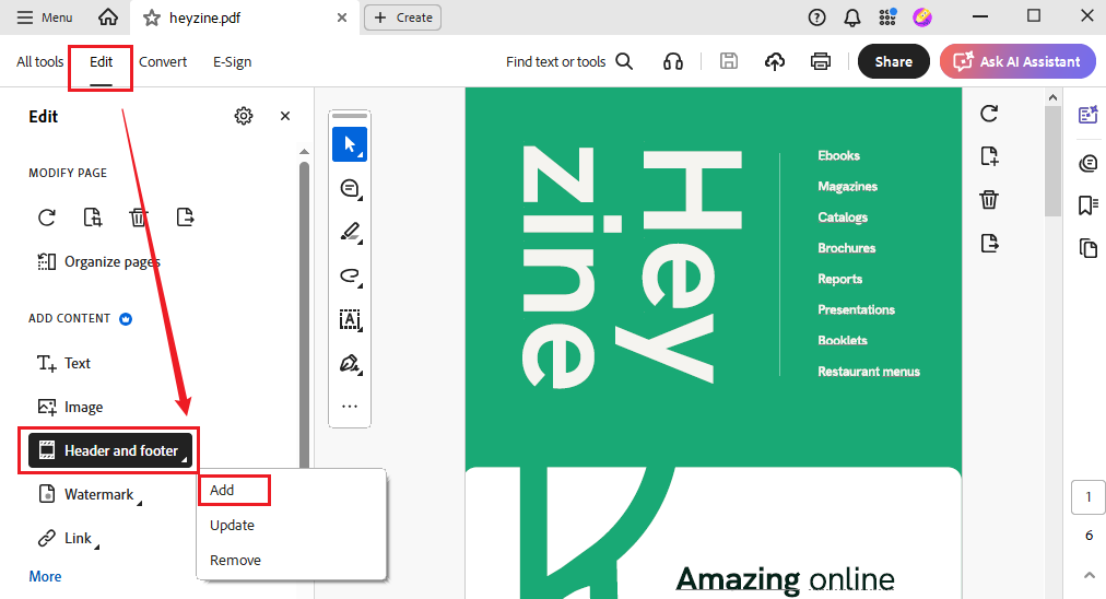 Click Edit and select Header and footer in Adobe Acrobat Pro