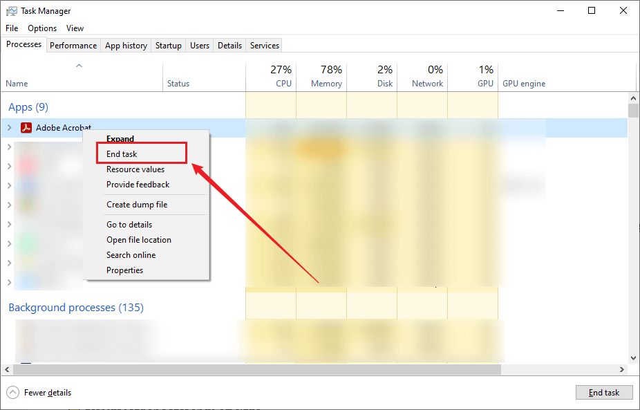 Right-click on Adobe Acrobat and click End task in Task Manager