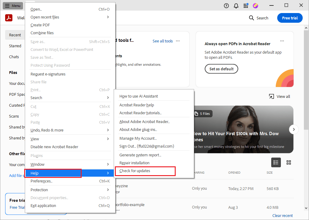 Go to Help and click Check for updates in Adobe Acrobat
