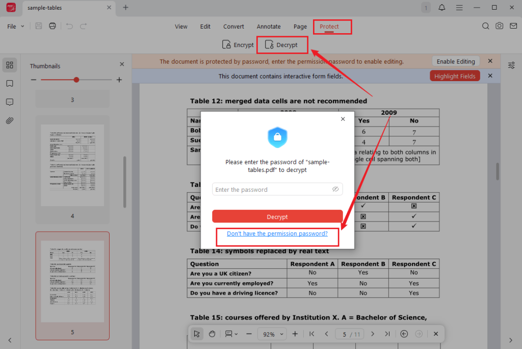 Go to Protect and click Decrypt to unlock a PDF in JOPDF