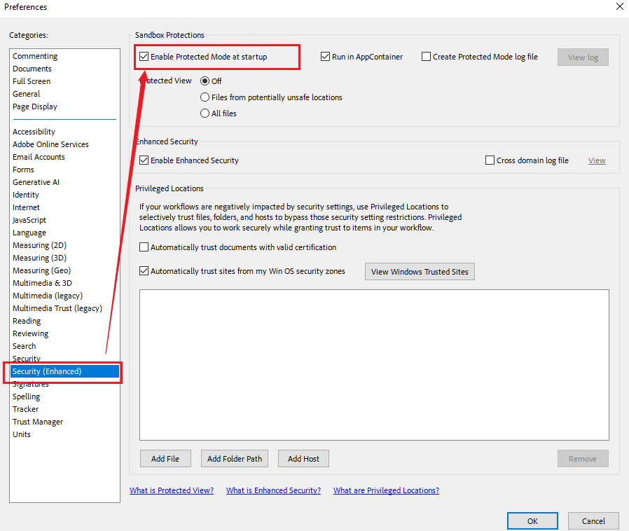 Uncheck the “Enable Protected Mode at startup” box in Adobe Acrobat