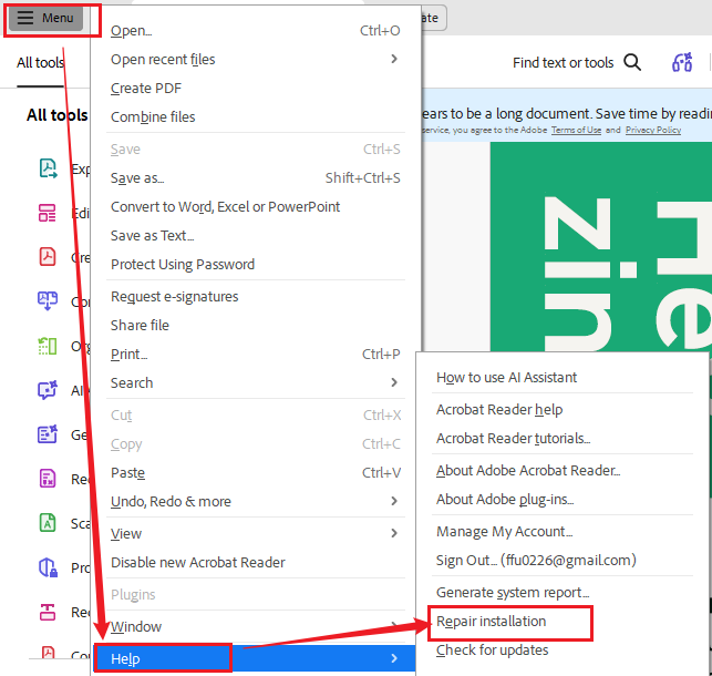 Go to Help and select Repair installation in Adobe Acrobat