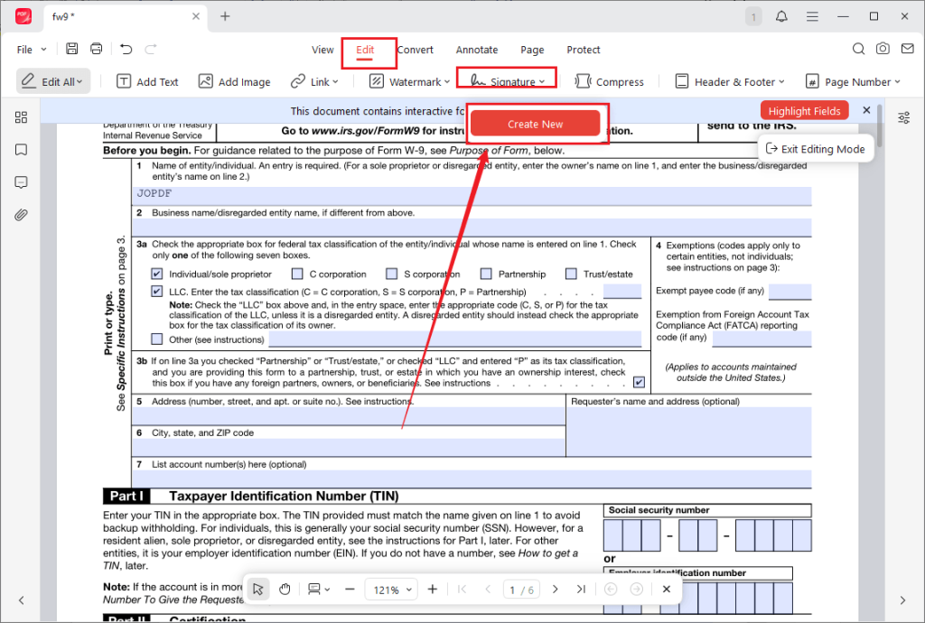 Go to Edit and click Signature to create a new electronic signature in JOPDF