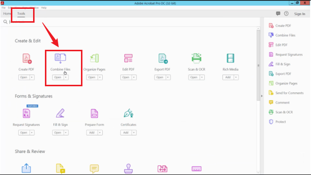 Click Tools and select Combine Files in Adobe Acrobat Pro