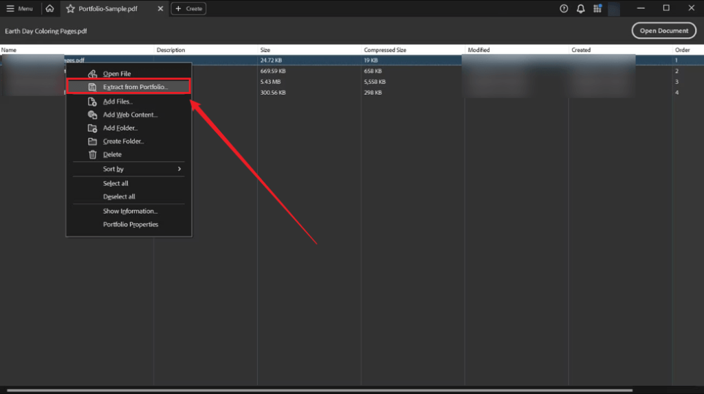 Right-click the selection and click “Extract from Portfolio…” in Adobe Acrobat Pro