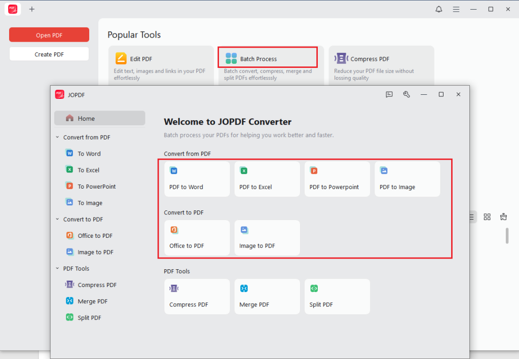 Go to Batch Process and select the conversion tool to convert non-PDF files to PDF in JOPDF