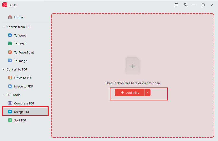 Click Merge PDF to merge all extracted files into one PDF in JOPDF