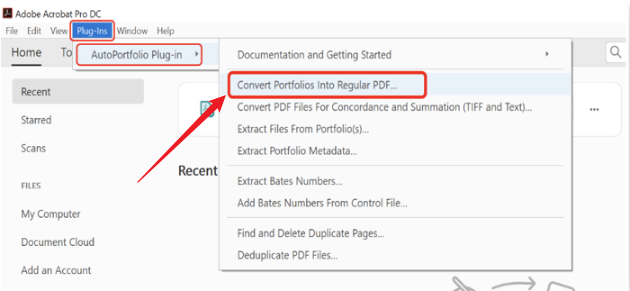Go to Plug-ins > AutoPortfolio Plug-in and select Convert Portfolios into Regular PDF in Adobe Acrobat Pro