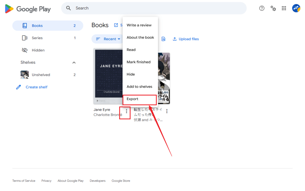 Click the three-dot icon and click Export in Google Play Books