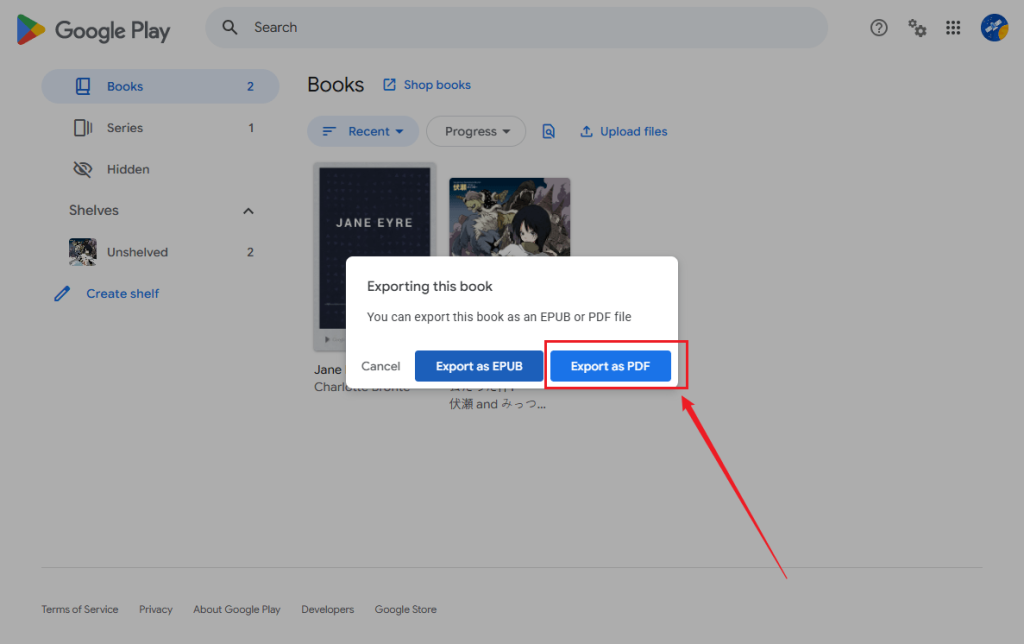 Click the Export as PDF button in Google Play Books