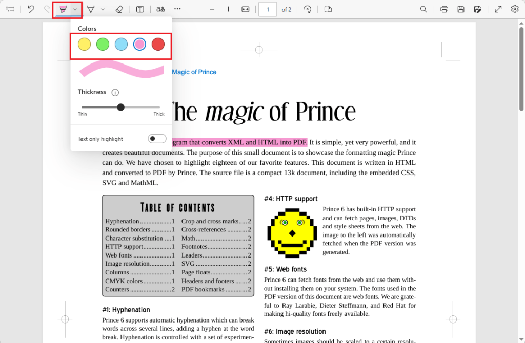Click the Highlight tool and select the desired color to highlight PDF text in Microsoft Edge