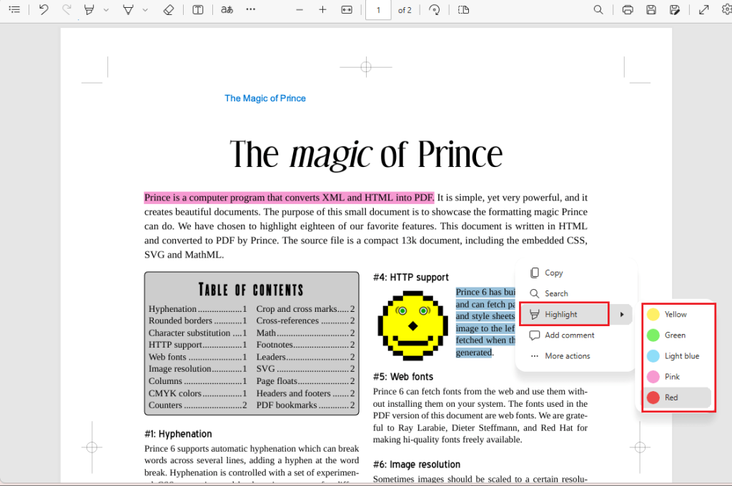Right-click the selected text and move to Highlight to select the preferred color to highlight PDF text in Edge