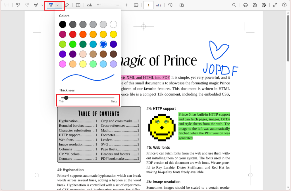 Click the Draw icon and select the needed color to draw on the PDF in Edge