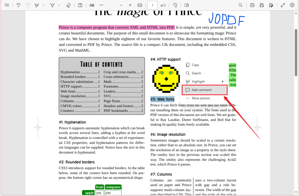 Right-click the selected PDF text and select Add comment to comment on the PDF in Edge