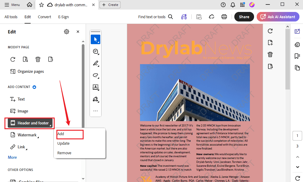 Click Header and footer and click Add in Adobe Acrobat Pro