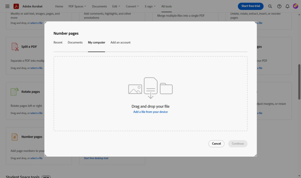Select Number pages and upload your target PDF file into Adobe Acrobat Online