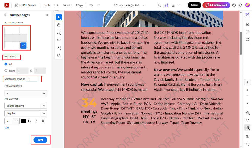 Add page numbers to a PDF in Adobe Acrobat Online