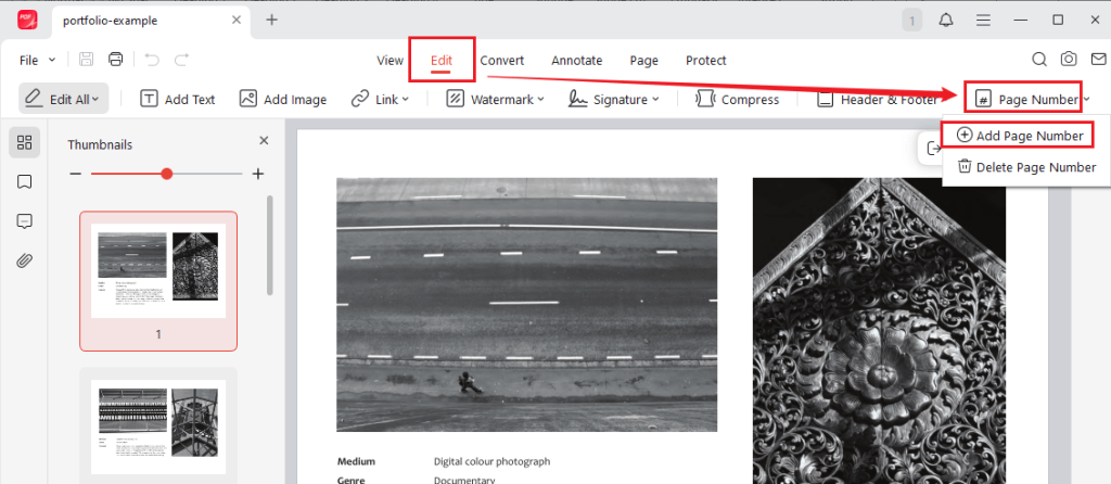 Go to Page Number and click Add Page Number in JOPDF