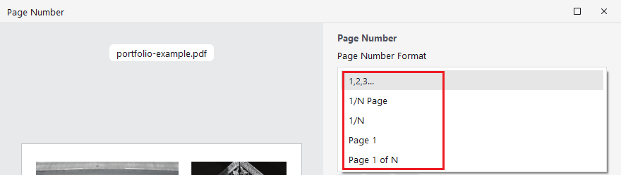 Select the desired page number format in JOPDF