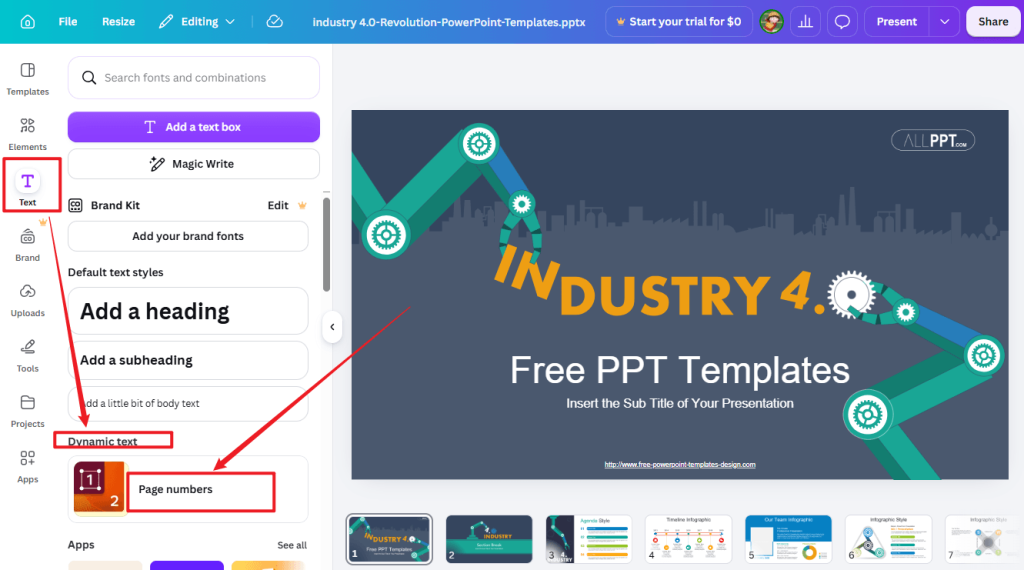 Click Text and select Page numbers under the Dynamic text in Canva