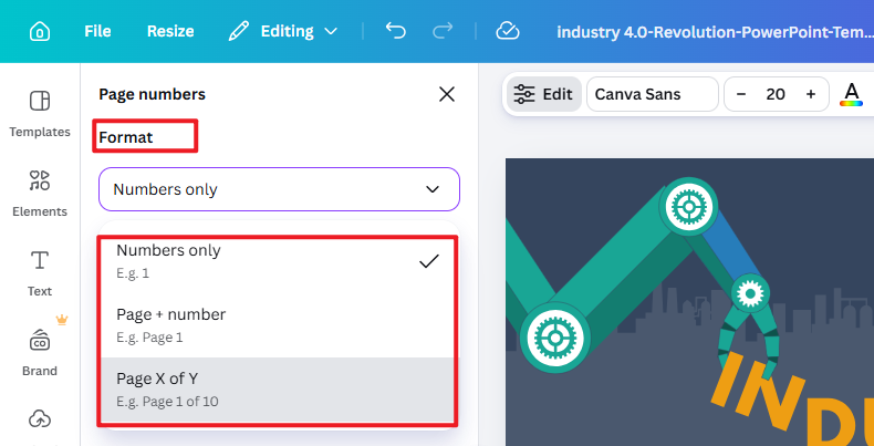 Select the desired page format in Canva