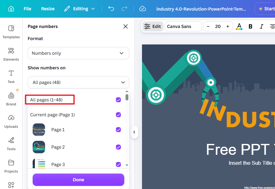 Select which pages to add page numbers under Show numbers on in Canva