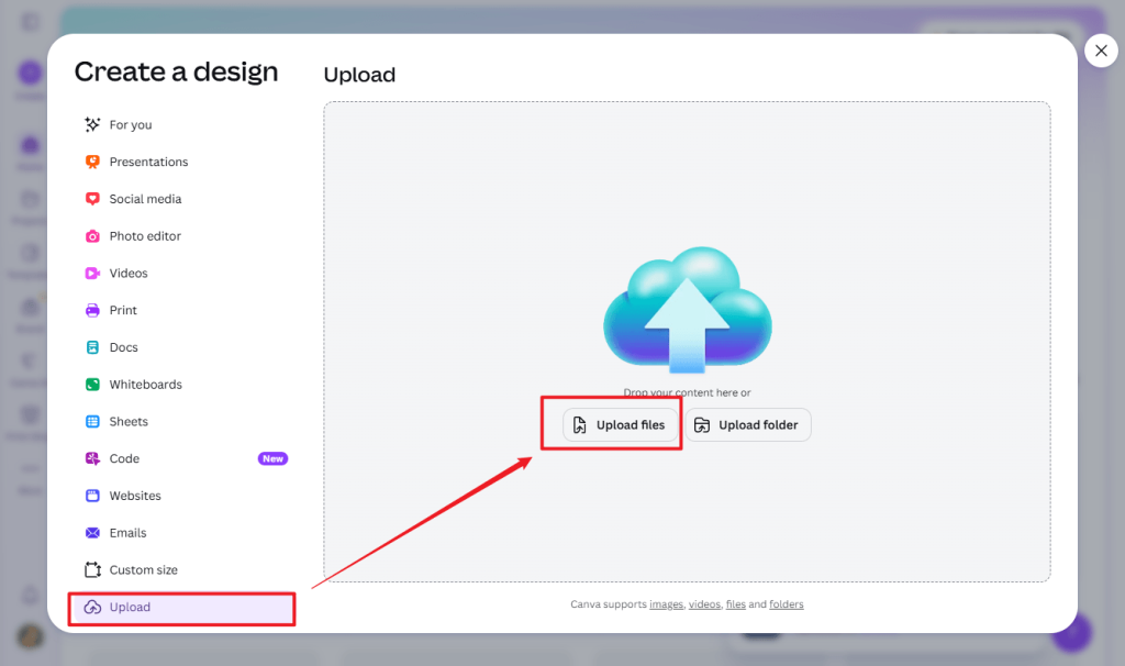 Click Upload to upload your multi-page PDF in Canva