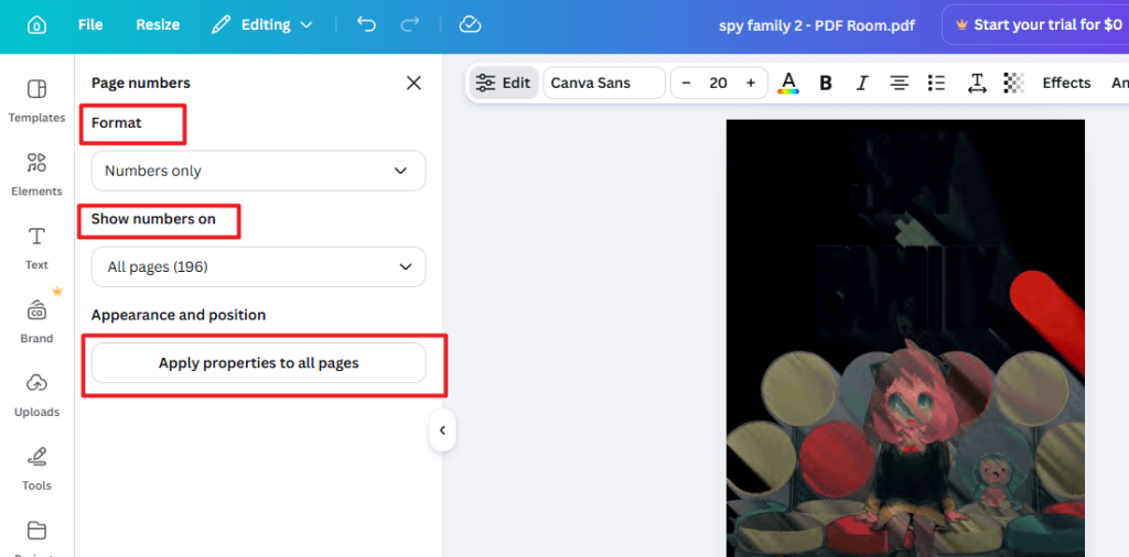 Customize the page format in Canva and click Apply properties to all pages in Canva