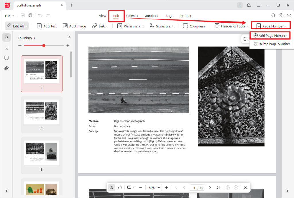 Under Edit, click Page Number and select Add Page Number in JOPDF