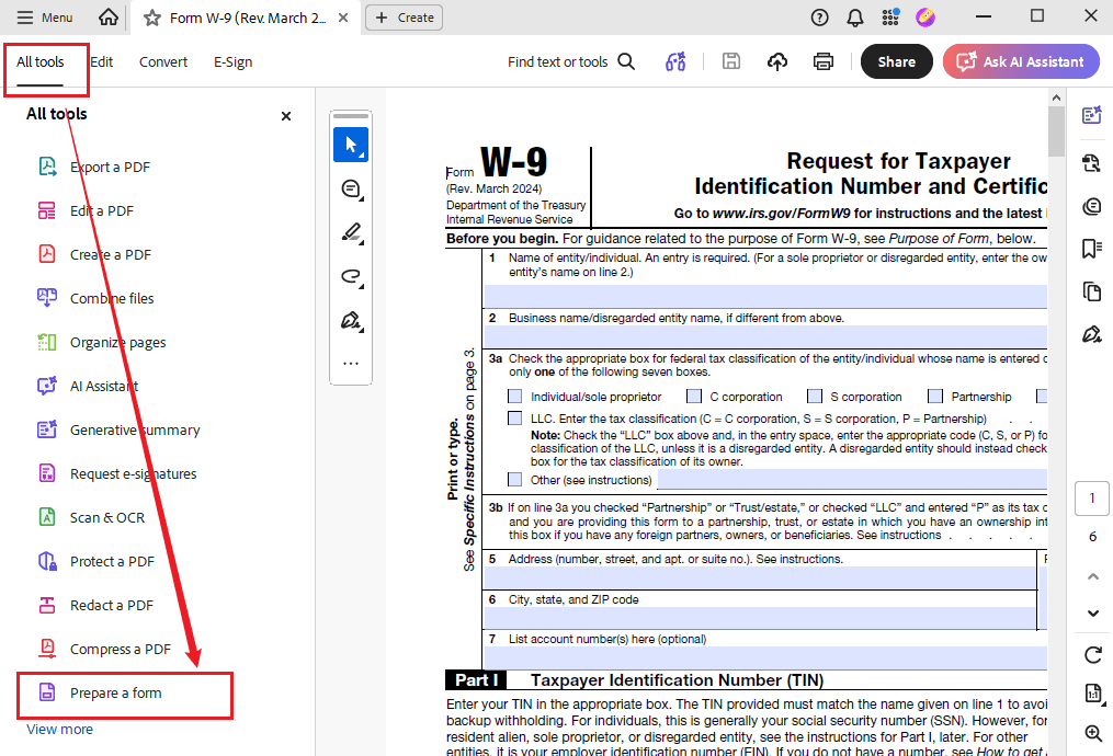 Click All tools and select Prepare a form in Adobe Acrobat