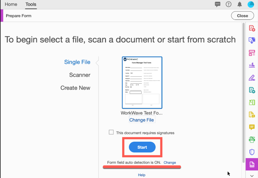 Click Start to enable Adobe Acrobat to analyze the document and automatically add interactive fields