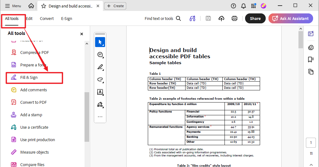 Click All tools and select Fill & Sign in Adobe Acrobat