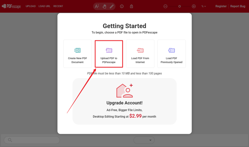 Click Upload PDF to PDFescape to import your non-fillable PDF into PDFescape
