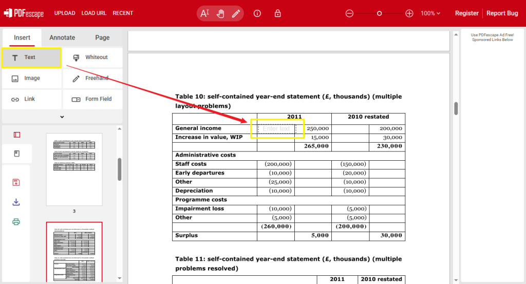 Click Text and type on the non-interactive field in PDFescape