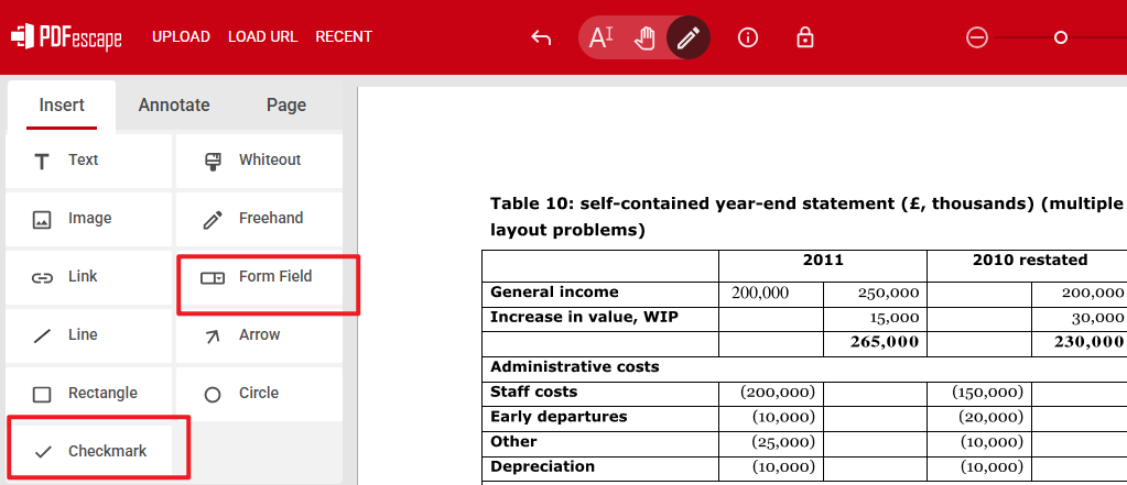 Use Form Field or Checkmark to fill out the non-fillable PDF in PDFescape