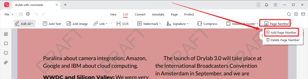 Open the Page Number dropdown and select Add Page Number in JOPDF