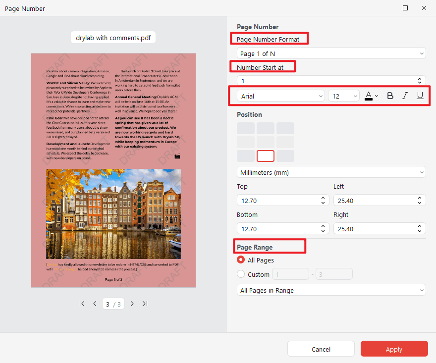 Customize the page number settings and appearance in JOPDF and click Apply