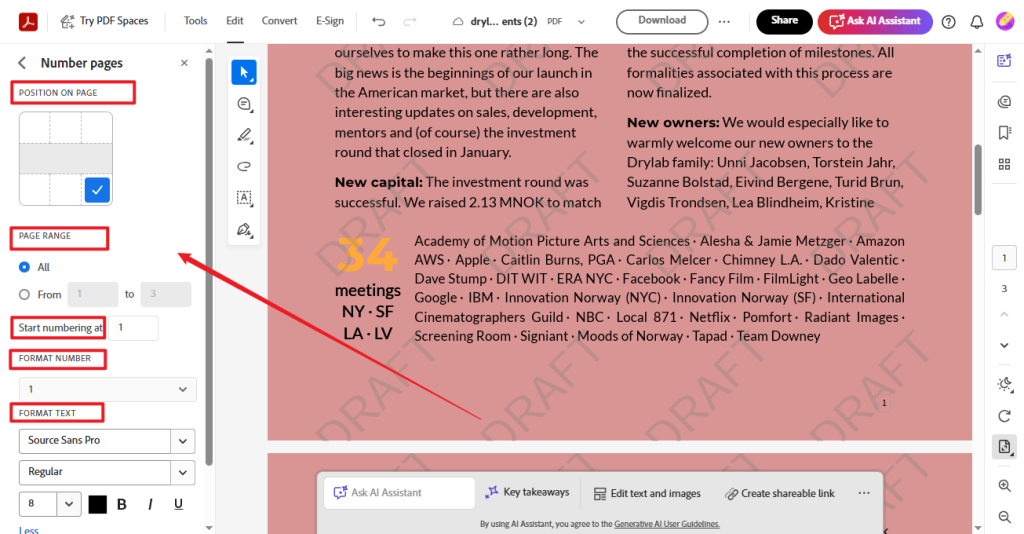 Customize the page number settings in Adobe Acrobat Online