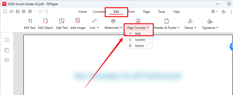 Go to Edit and open Page Number to select Add in PDFgear