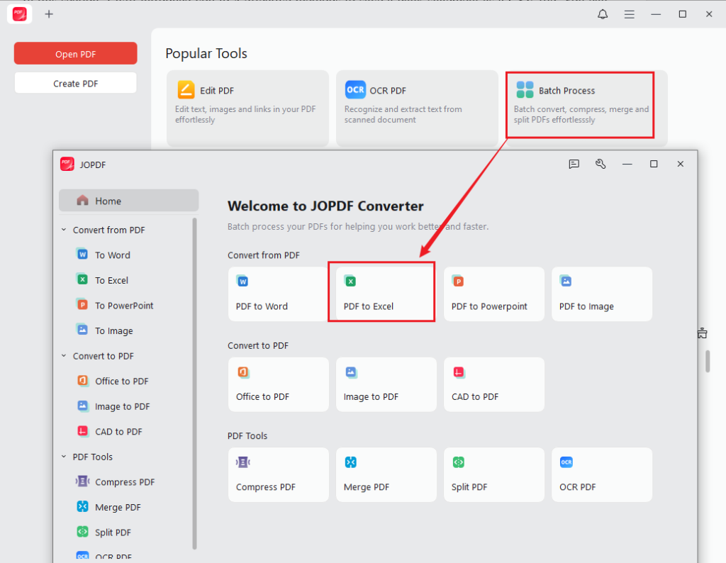 Click Batch Process and select PDF to Excel for your bank statement to CSV conversion in JOPDF