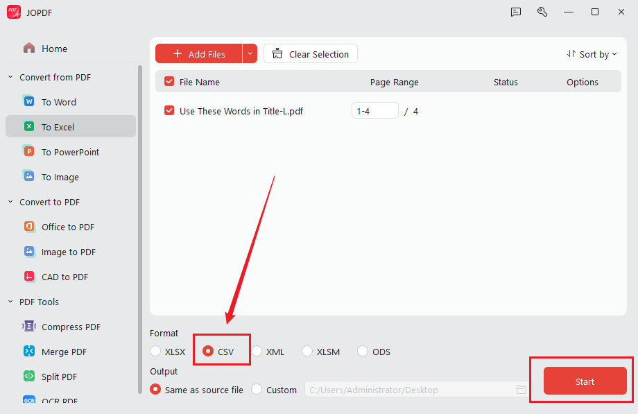 Set CSV as the output format in JOPDF